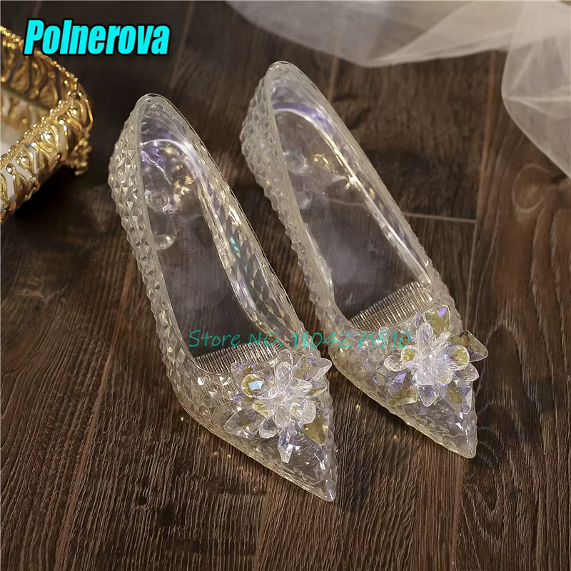 Chaussures à talons hauts transparents pour femmes, décor floral, robe de mariée féerique, escarpins
