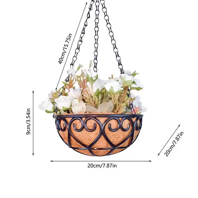 Jardinière suspendue demi-lune en métal avec insert en fibre de coco, pot de fleurs en fil métalliqu
