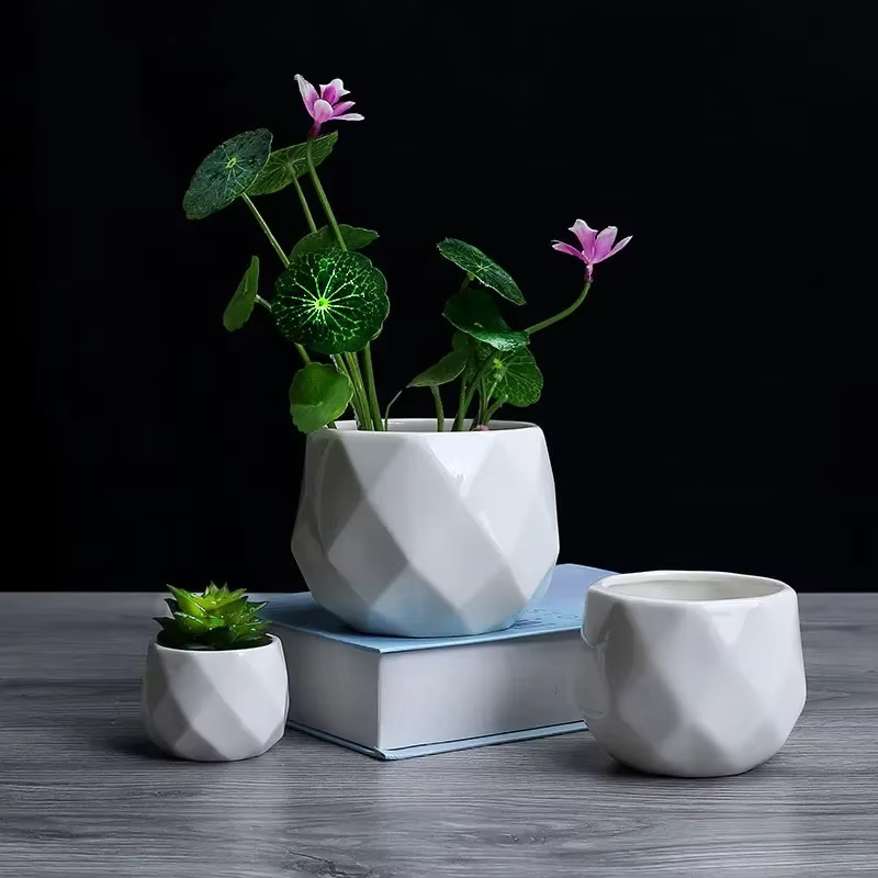 Pot de fleurs géométrique diamant créatif en céramique, conteneur de plantes succulentes simples, ja
