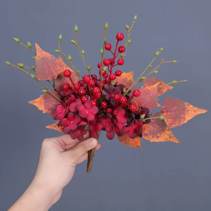 Plantes artificielles d'aloès vert en mousse, petites baies, feuilles d'érable, Bouquet de fausses f