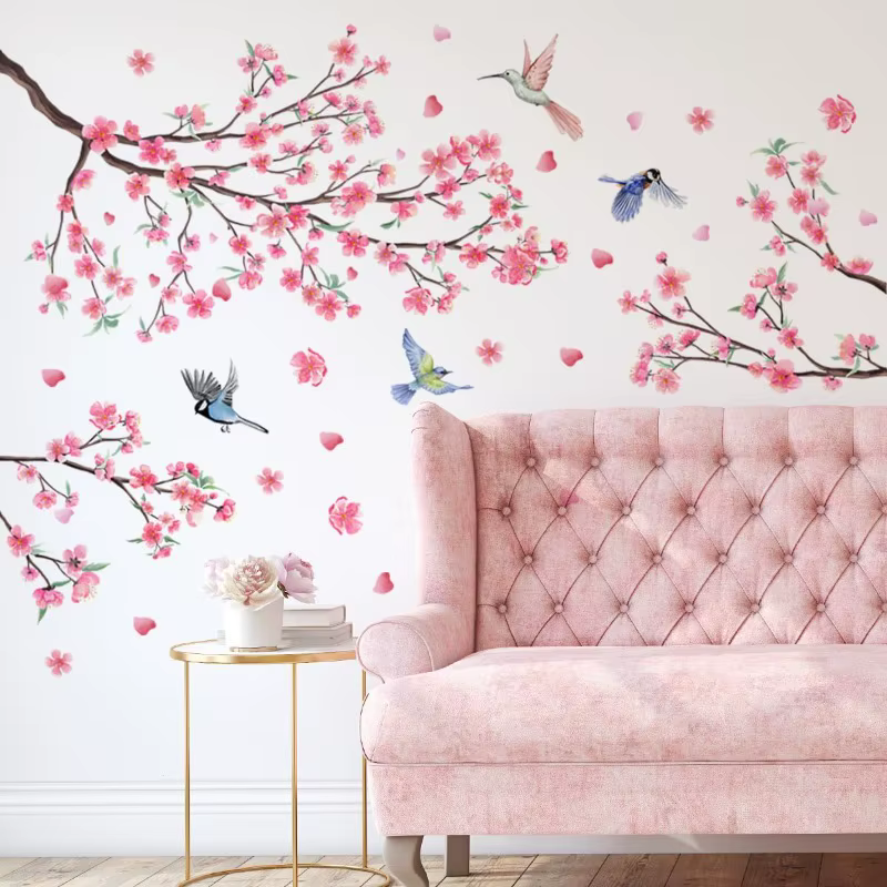 Grandes décorations murales en forme de fleurs de cerisier roses, branches d'arbre et oiseaux, pour 