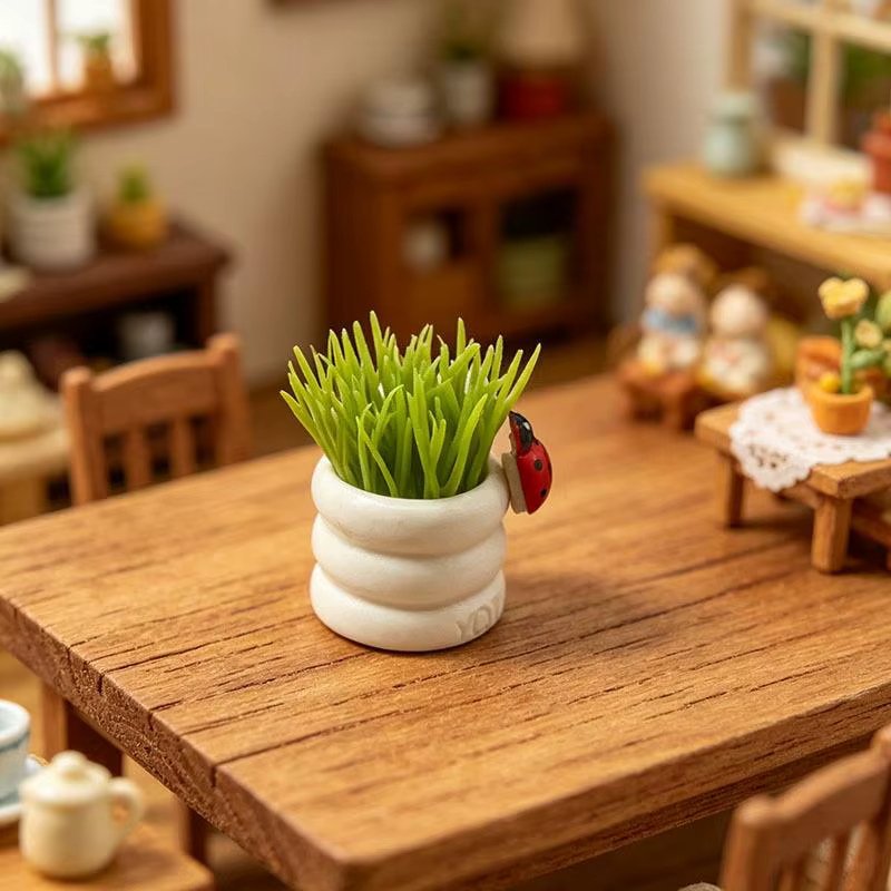Ornement de plante miniature en pot avec coccinelle, modèle de plante en pot pour maison de poupée 1