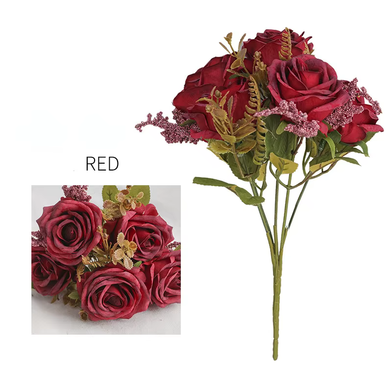 Bouquet de Flocon de Neige Artificiel, Fausses Fleurs, Simulation Européenne, Rose Rouge, Décoration