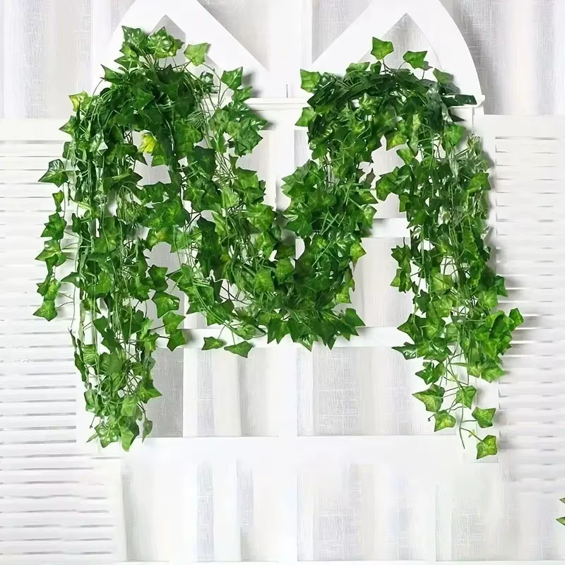Guirlande de feuilles de lierre artificielles vertes, feuilles de vigne rampante, fausses fleurs et 