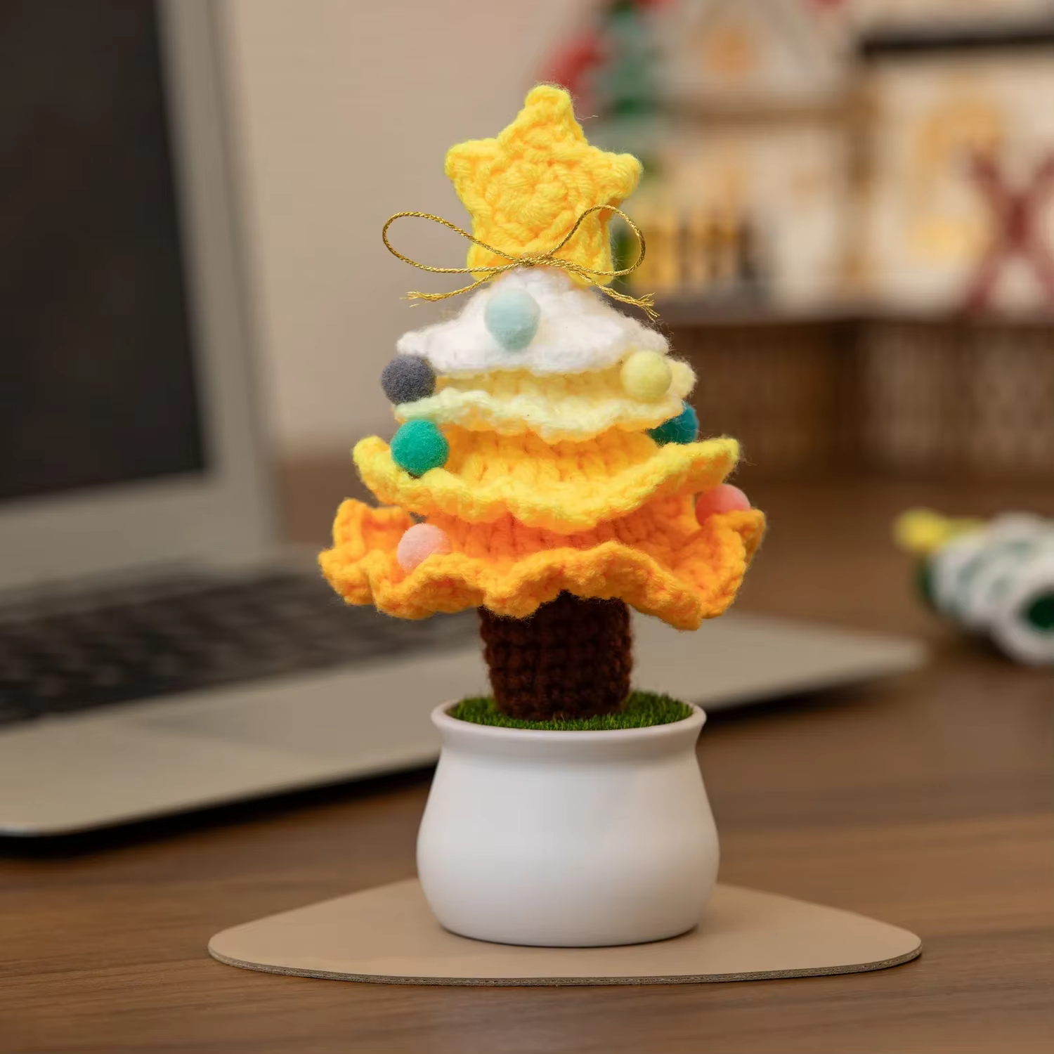 Arbre de noël tricoté créatif en pot, Mini plante au Crochet faite à la main, ornements de voiture, 
