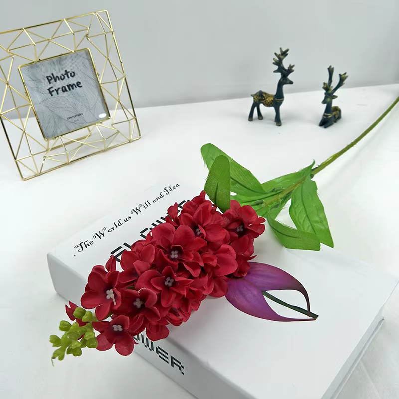 Branche de fleur violette de jacinthe artificielle avec feuille, plante Delphinium en soie, maison d