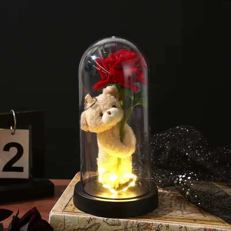 Rose éternelle en dôme de verre, fleur artificielle avec ours, accessoires de bureau, cadeaux de noë