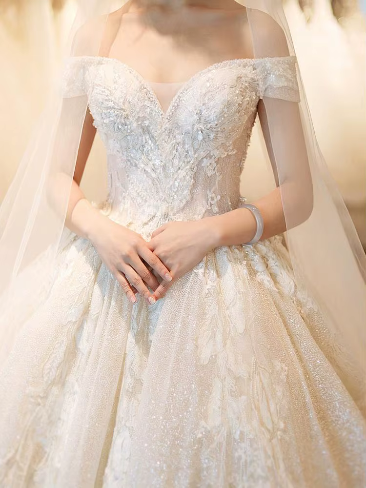 Robe de mariée principale une épaule mariée longue feu arrière robe de mariée ciel étoilé Super immo