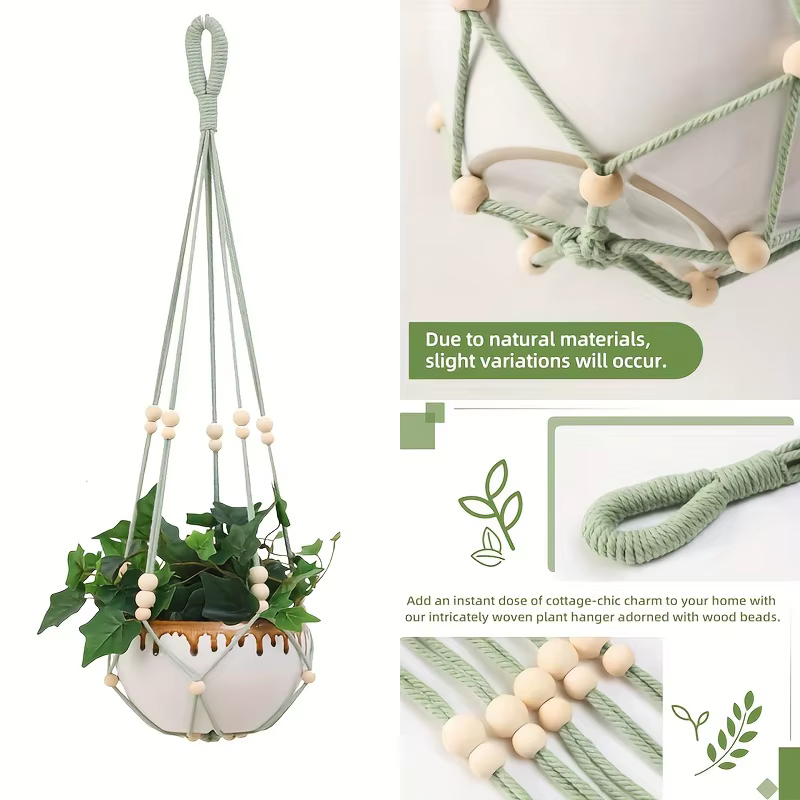 1/2pcs Porte-plantes chic avec perles en bois - Panier suspendu en tissu durable pour intérieur/exté
