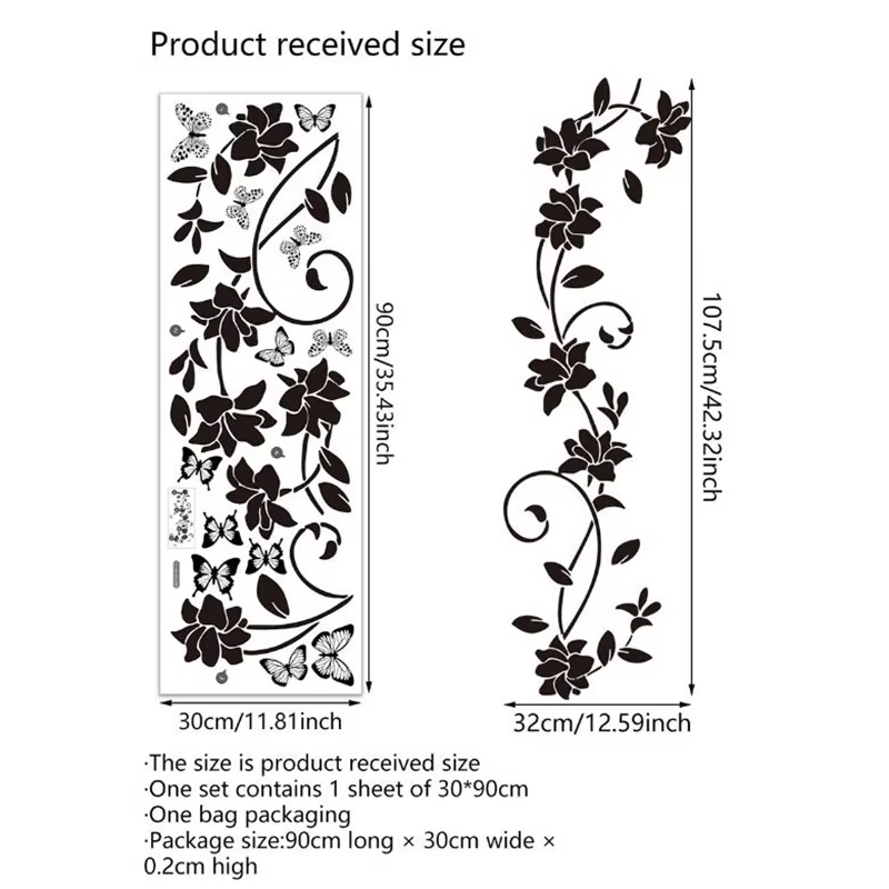Autocollant mural papillon fleur noir, auto-adhésif, pour porte de salle de bain, porte en verre, ba