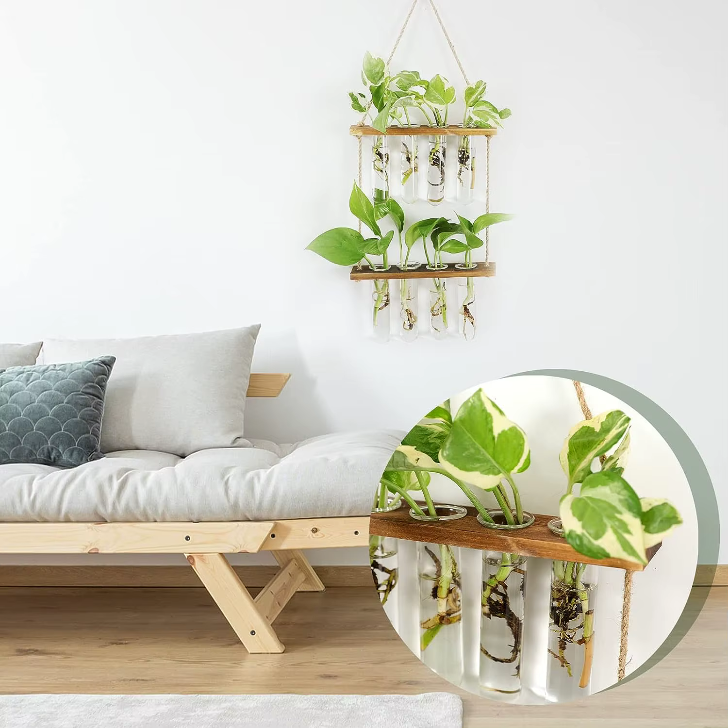 Tube à essai mural, Vase pour plantes de jardinière en verre avec support en bois et corde à cordes,
