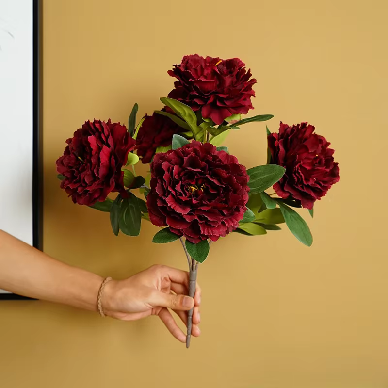 Bouquet de pivoines en soie à 5 têtes, Simulation de fleurs, fausses fleurs roses décoratives pour m