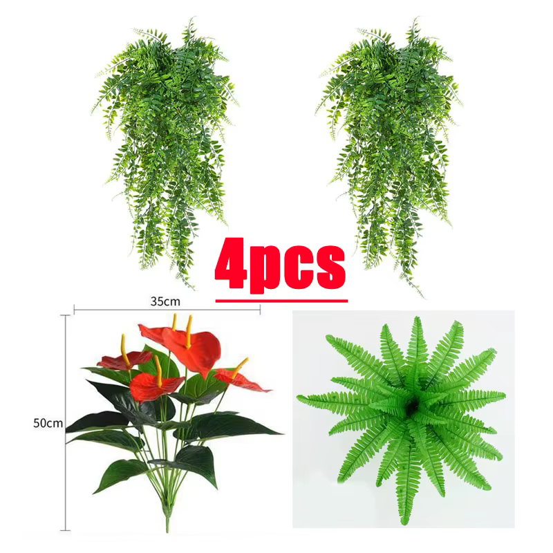 Lot de 4 plantes artificielles réalistes de type Herbe Tropicale et Lys de la Paix pour la décoratio