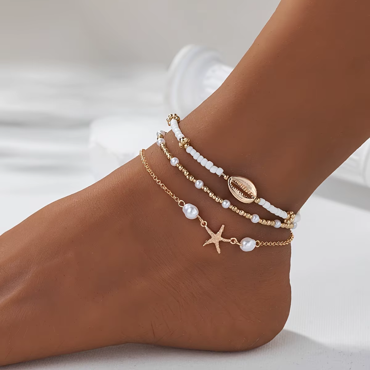 Chaînes de cheville de Style bohème pour femmes, accessoires de pied à trois couches avec perles de 