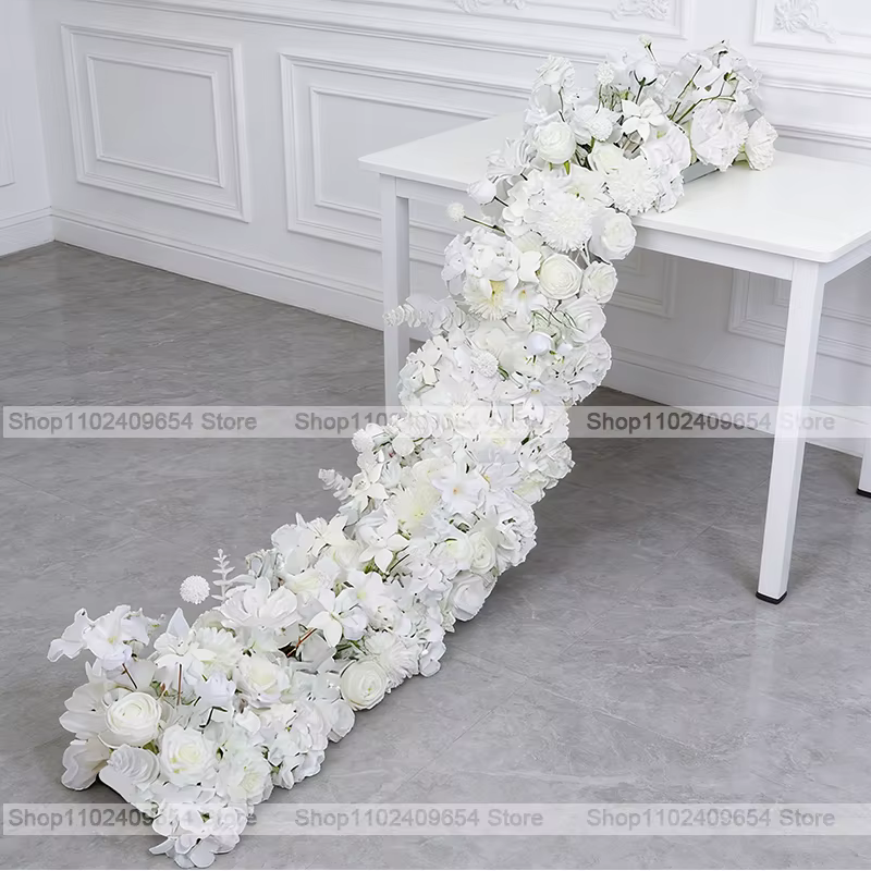 200/50cm Guirlande de fleurs artificielles de roses blanches de luxe pour centre de table de mariage