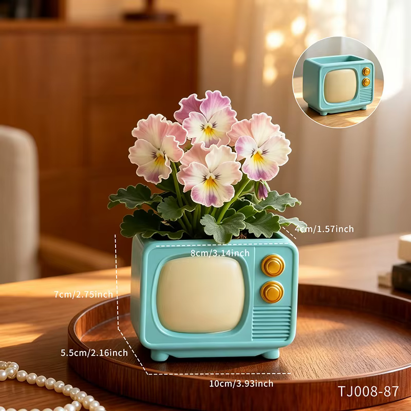 Pot de fleurs vintage en résine en forme de téléviseur, mini-appareil rétro pour petites plantes ver