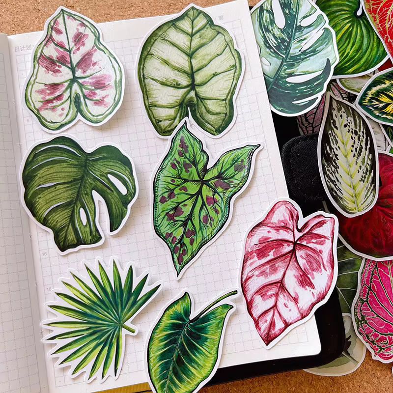 50 autocollants mignons en forme de feuilles de plantes pour carnet, petits autocollants frais pour