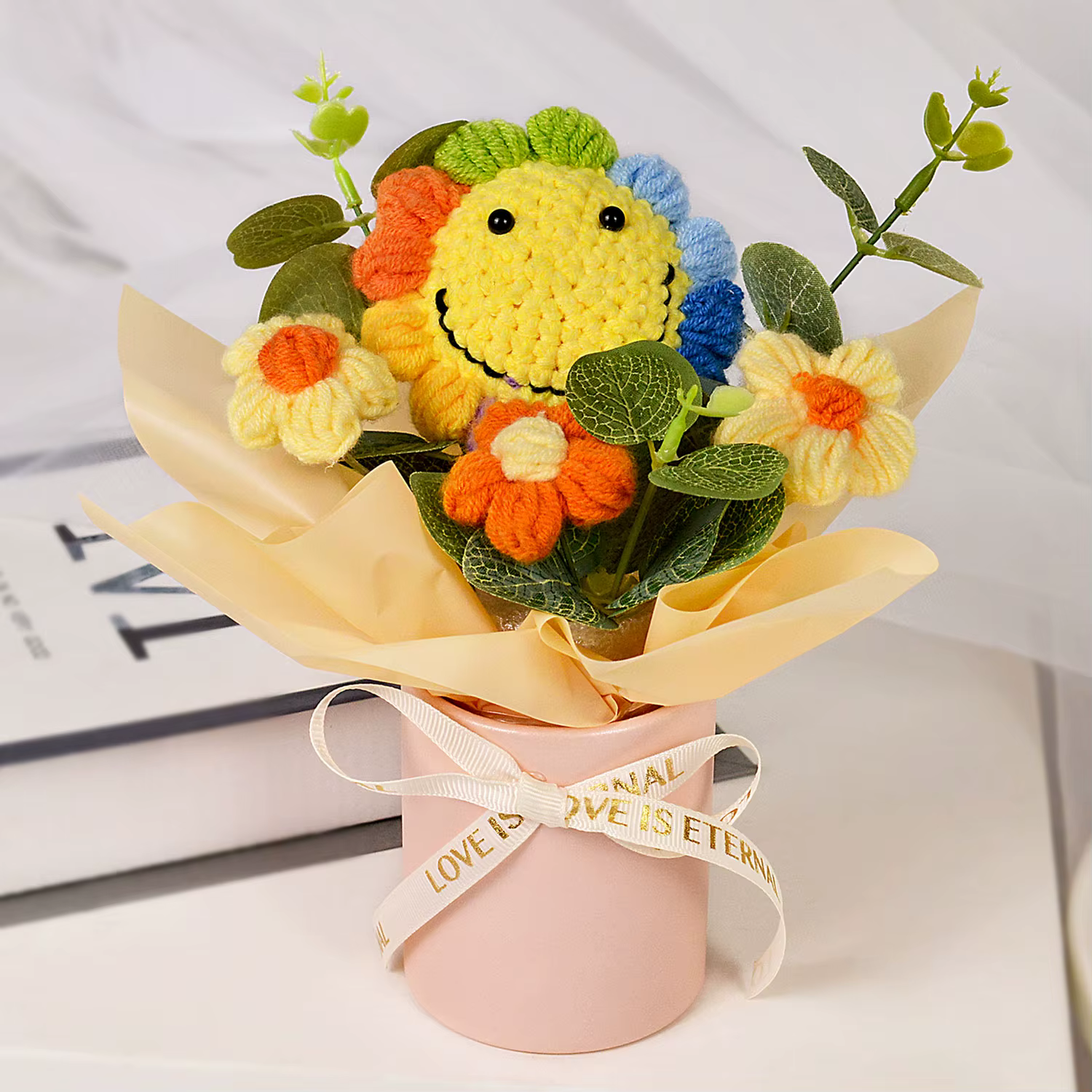 Bouquet de tournesol au Crochet fait à la main, Bouquet de fleurs au Crochet pour cadeau d'anniversa