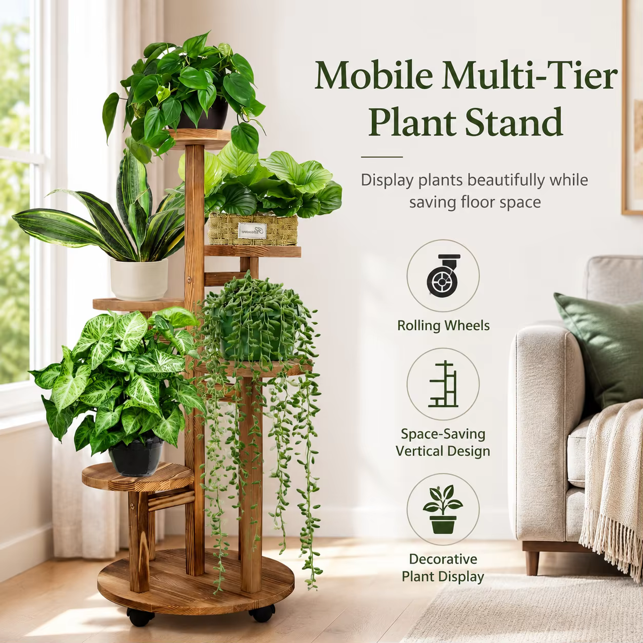 Support à plantes à 5 niveaux sur roulettes, étagère à plantes en bois pour plantes d'intérieur, sup