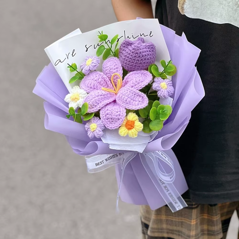 Bouquet de fleurs en coton de qualité, tournesol en crochet, fleurs artificielles tricotées à la mai