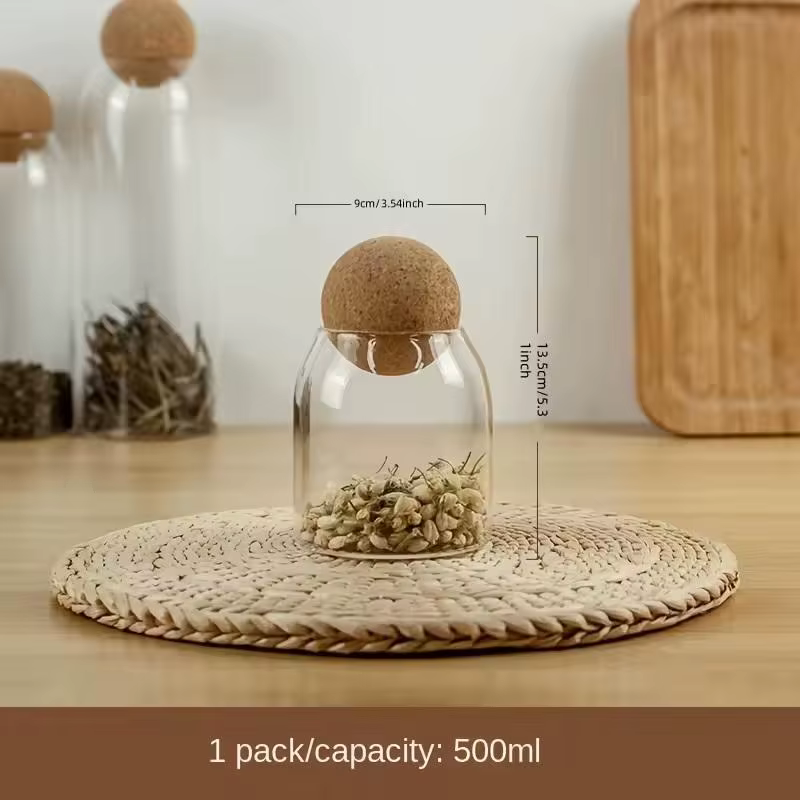 Bocaux en verre élégants avec couvercles en liège, tailles variées pour le stockage de grains de caf
