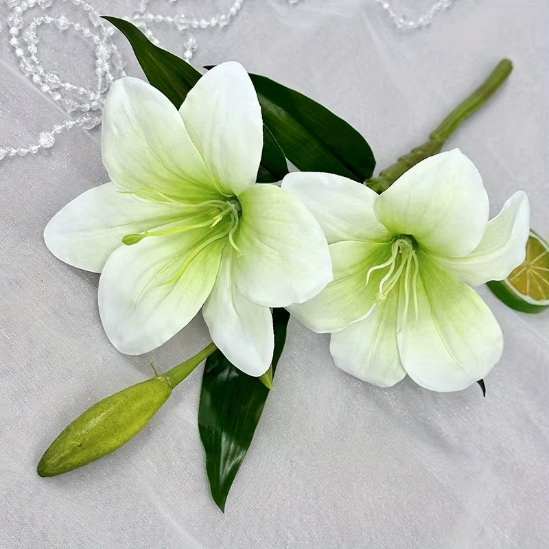 Fleurs artificielles de lys, faux pompons au toucher réel, 3 têtes, fausse flore pour décoration int