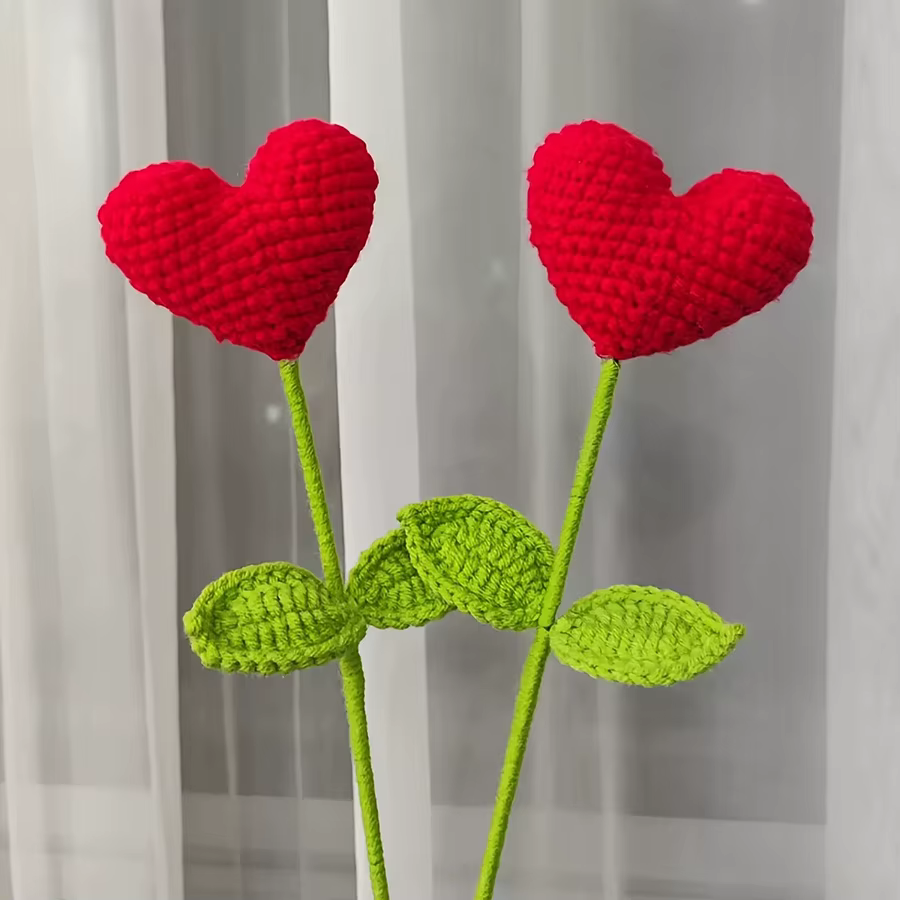 Ensemble de 2 branches de fleurs en forme de cœur rouge, faites à la main au crochet, cadeau pour la