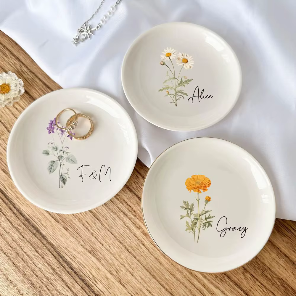 Plat de bibelot de fleur de naissance personnalisé, fête prénuptiale, bague de demoiselle d'honneur,