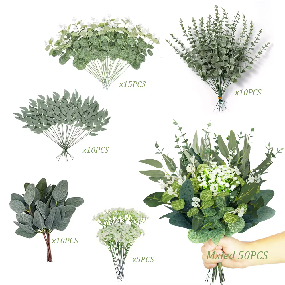 50/90 Pièces de Fleurs Artificielles, Bouquets Mixtes de Feuilles d'Eucalyptus, Branches de Saule et