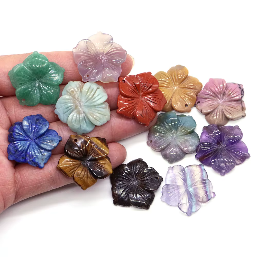 Fleurs de pêcher percées de 28mm, pierres de cristal naturelles, Fluorite, améthyste, Quartz Rose, p