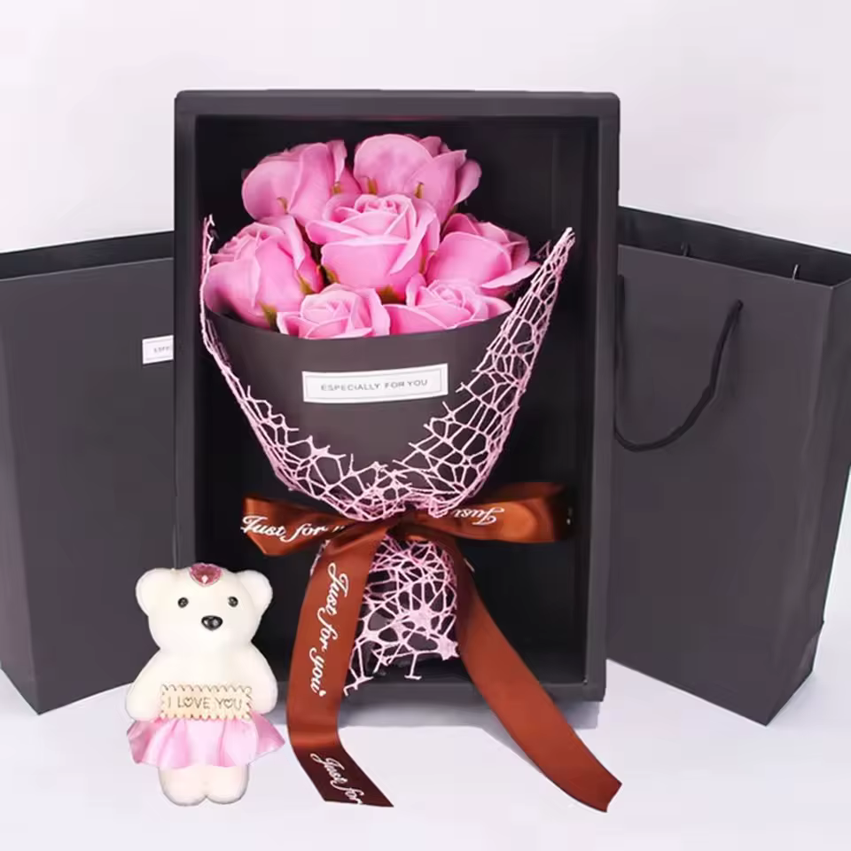 Fleurs artificielles pour la Saint-Valentin, bouquet de 7 roses en savon, boîte cadeau, ours en pelu