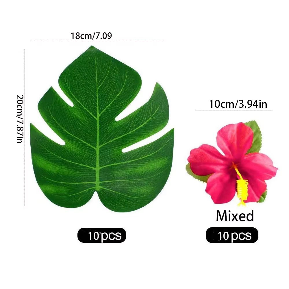 Feuilles de palmier tropicales, 20 pièces, fleur d'hibiscus, feuilles d'imitation pour thème de fête