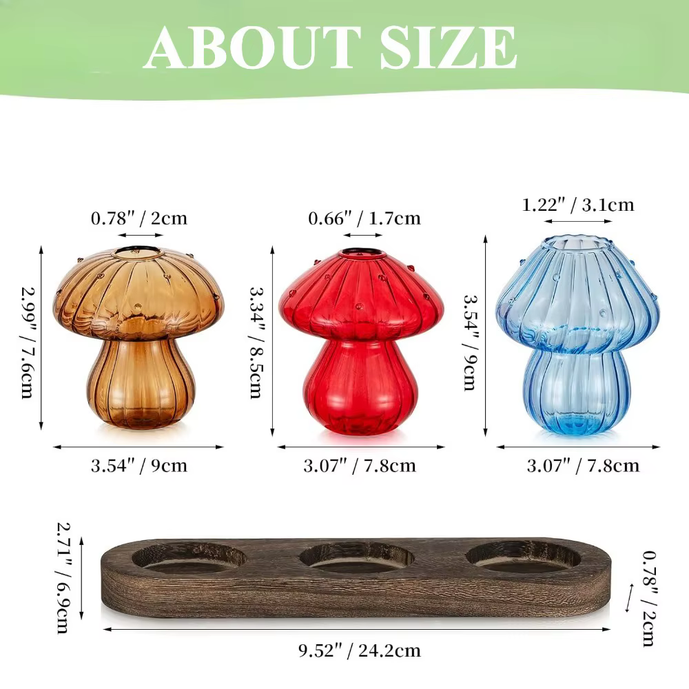 Vase de jardinière en verre de champignon avec Base en bois, Stations de propagation de plantes vert