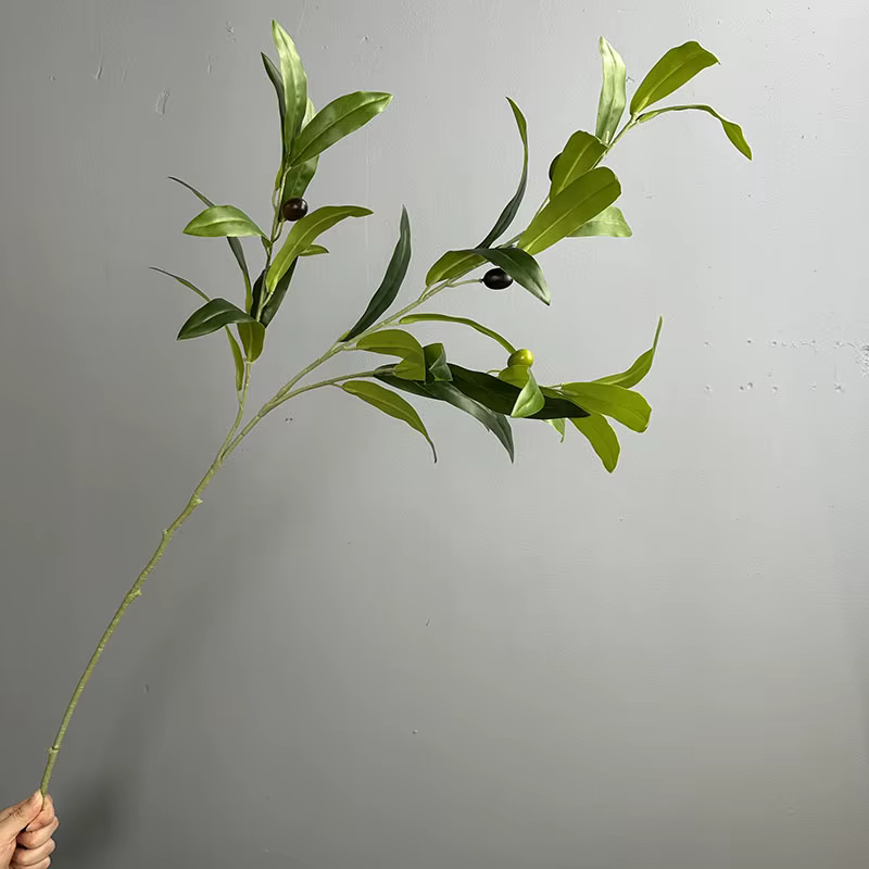 5 pièces de plantes artificielles à toucher réel, feuilles d'olivier à 3 branches, branche de fruits