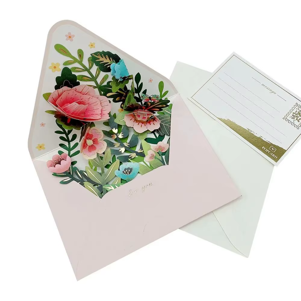 Carte postale à fleurs pop-up 3D avec enveloppe, carte de vministériels x en papier, carte de messag