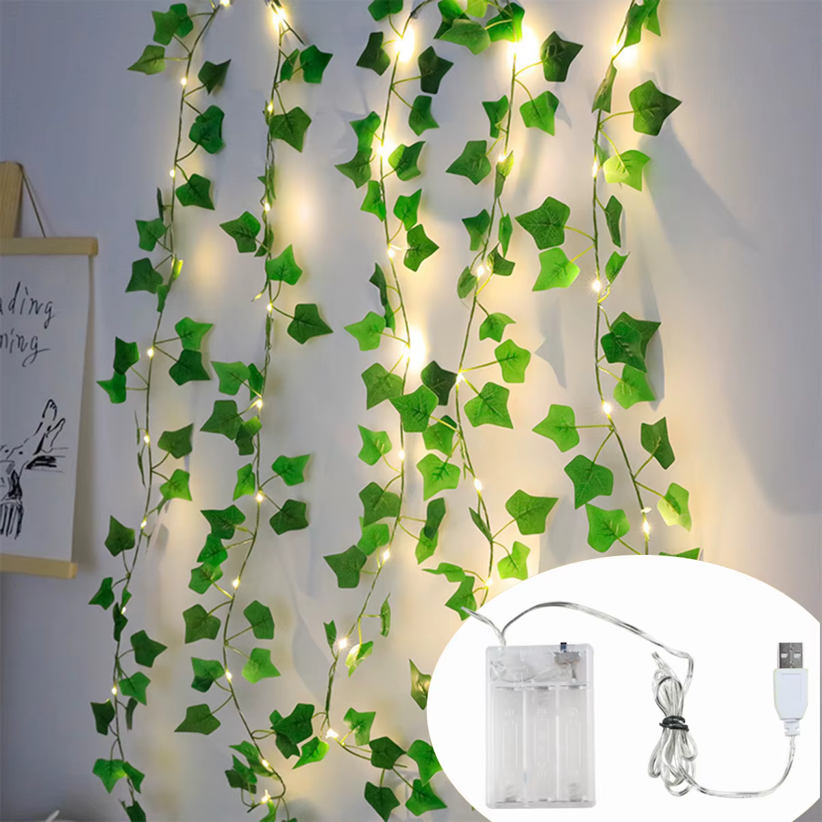 Guirlande lumineuse féerique à feuilles vertes, alimentée par USB et batterie, pour fête, mariage, s