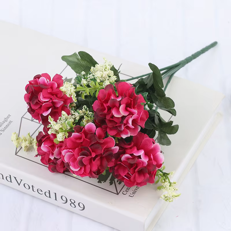 1 Bouquet d'hortensia en soie, 5 têtes, fleurs artificielles tenant des fleurs, fausse décoration de