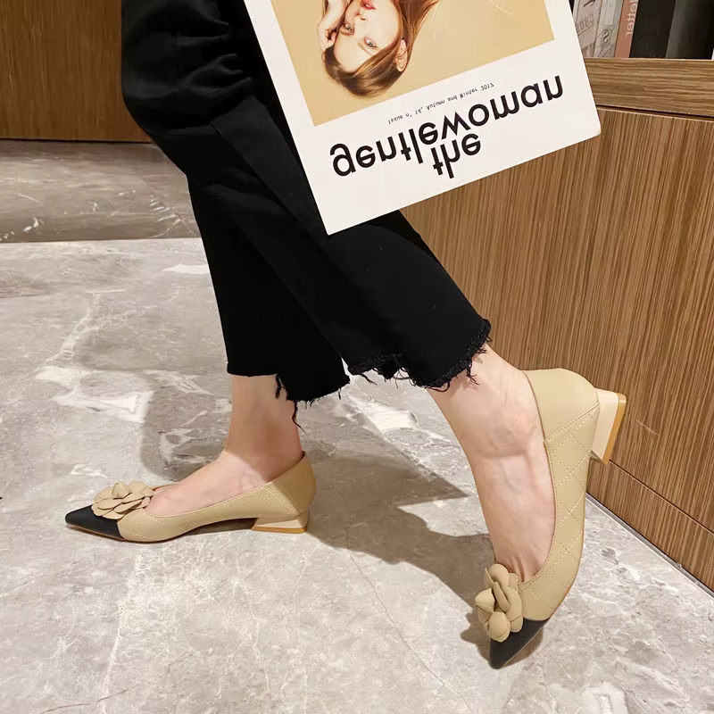 FHC-Chaussures de Travail en Cuir Souple à Talons Bas et Fleurs pour Femme, à Enfiler, peu Profondes
