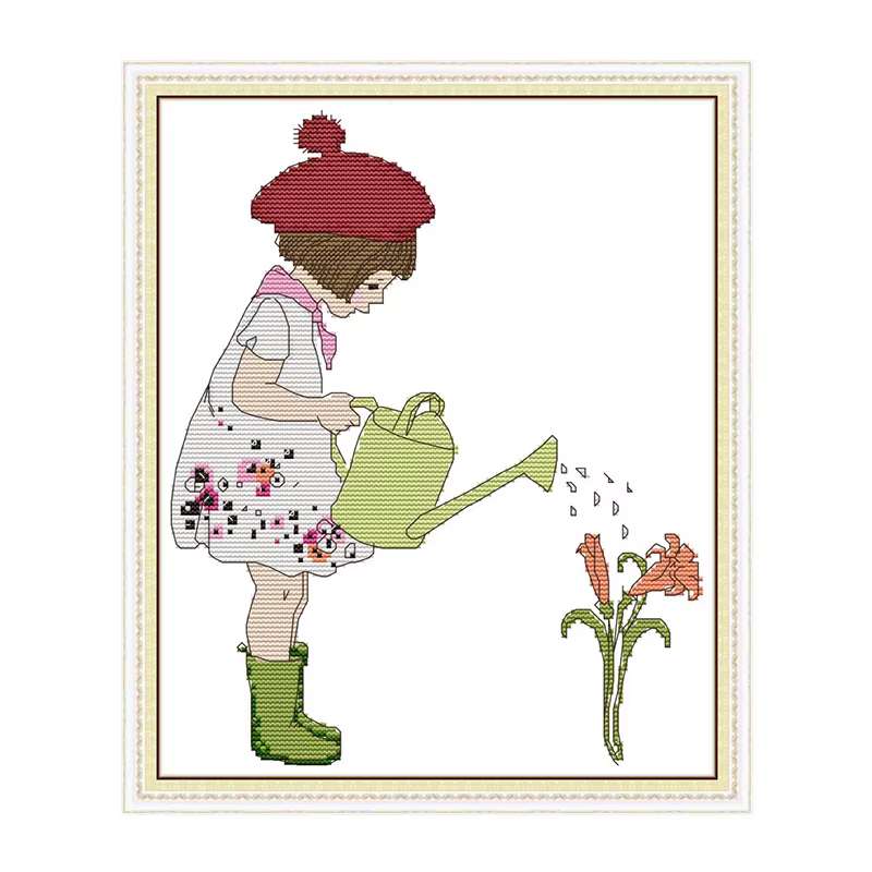 Kit de broderie au point de croix « Fille arrosant les fleurs », toile imprimée Aida 14ct 11ct, brod