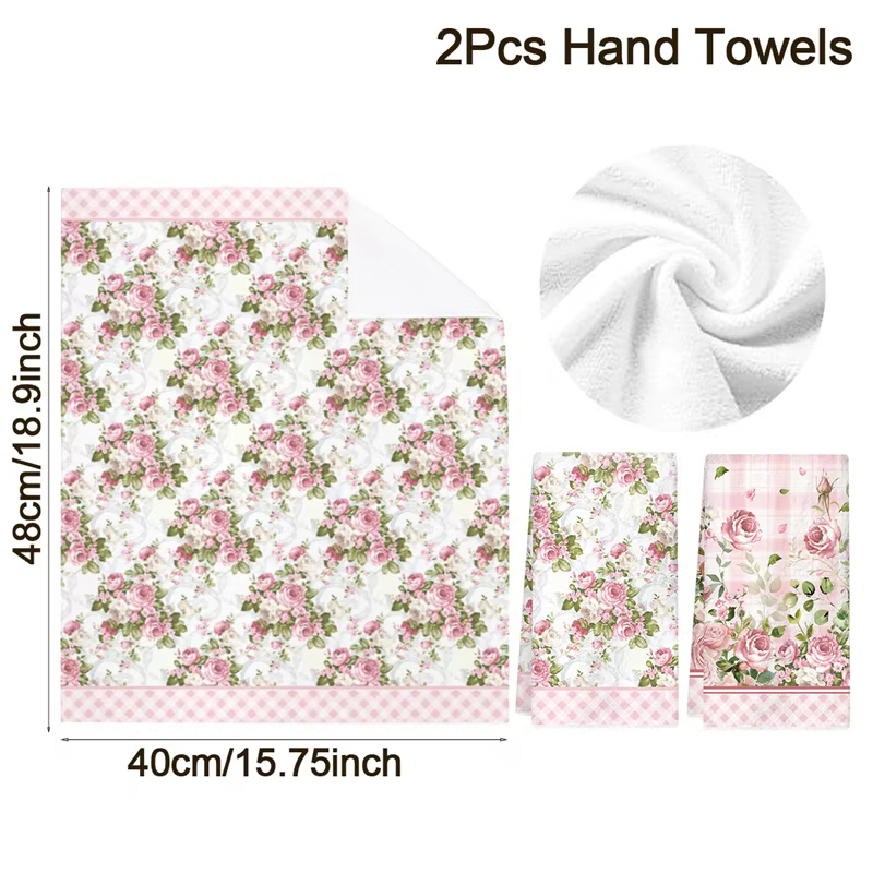 Lot de 2 torchons de cuisine roses à motifs floraux printaniers, serviettes à main florales pour la