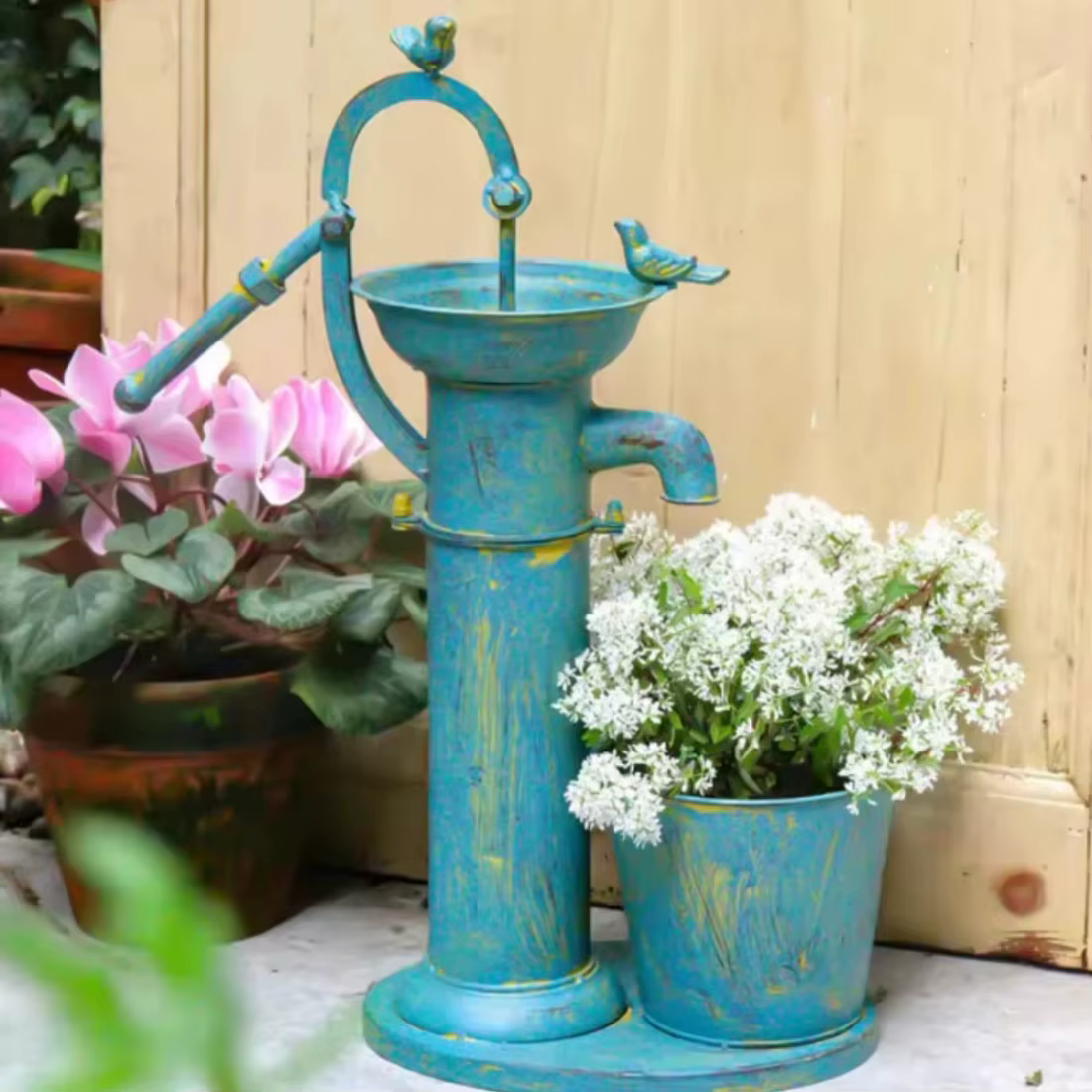 Pot de fleurs en métal en forme de pompe à eau, bleu antique, pour jardin extérieur, balcon, patio,