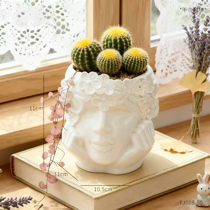Pot de fleurs en résine décoré de fleurs, motif visage de femme, pot de fleurs en relief 3D pour cac