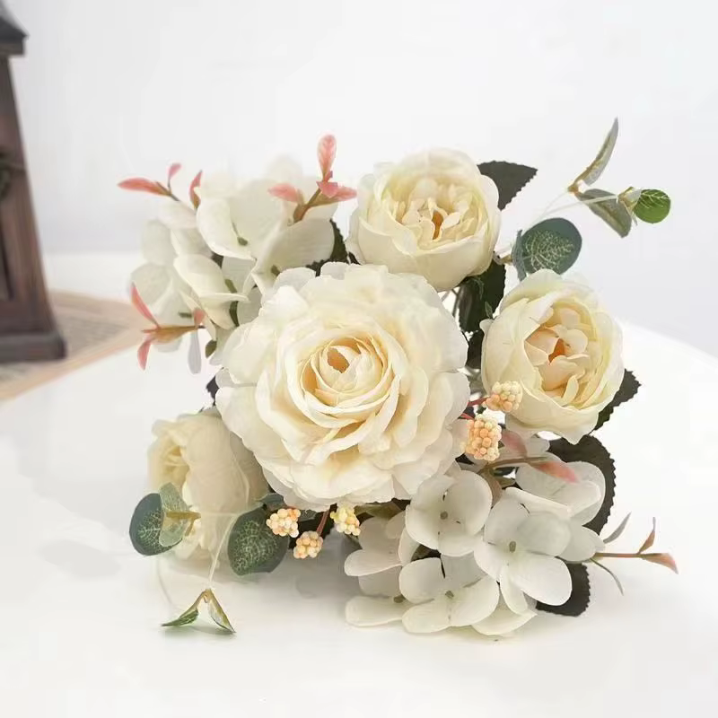 Bouquet de fleurs artificielles en soie : roses, hortensias, pivoines – Décoration pour mariée, mais