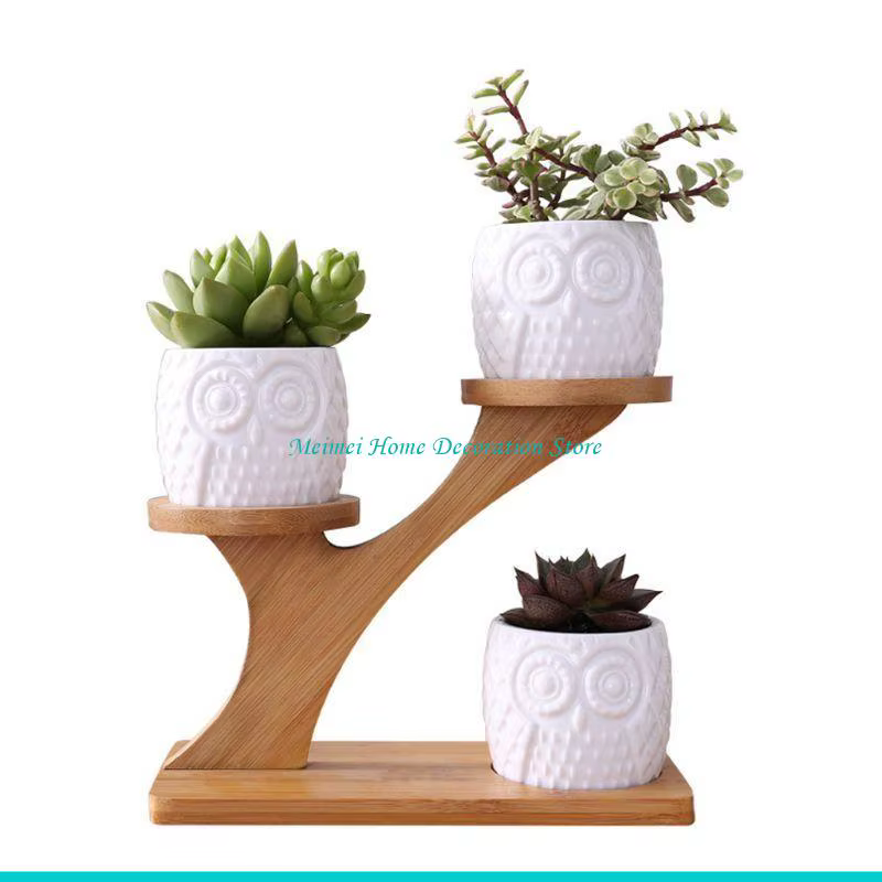H7BF – Pot hibou mignon, jardinière Cactus succulents, ensemble pots fleurs avec décor plateau d'éta