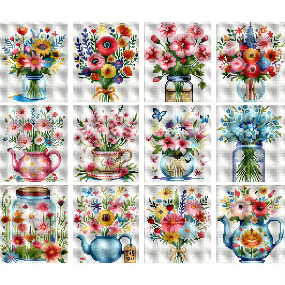 HUACAN 12 pièces Vase mosaïque rond complet tournesol Mini diamant peinture dessin animé fleur thème