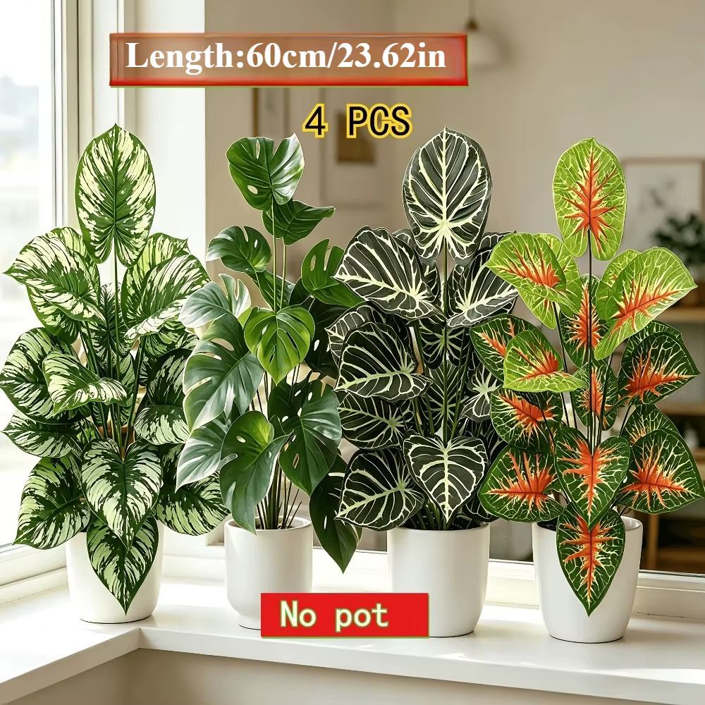 Ensemble de 4 plantes artificielles, palmiers tropicaux à feuilles larges, plantes en pot d'intérieu