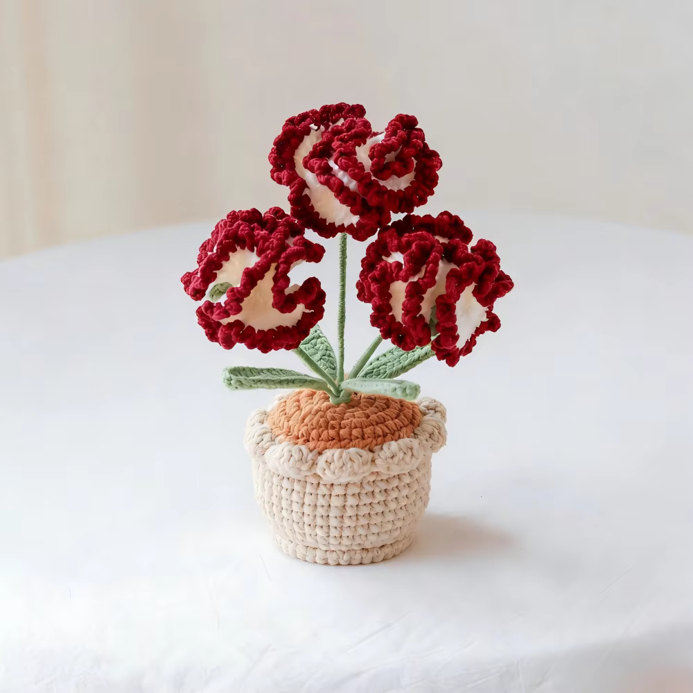 Plante en pot de carnations en laine crochetée à la main, fleur artificielle, décoration d'intérieur