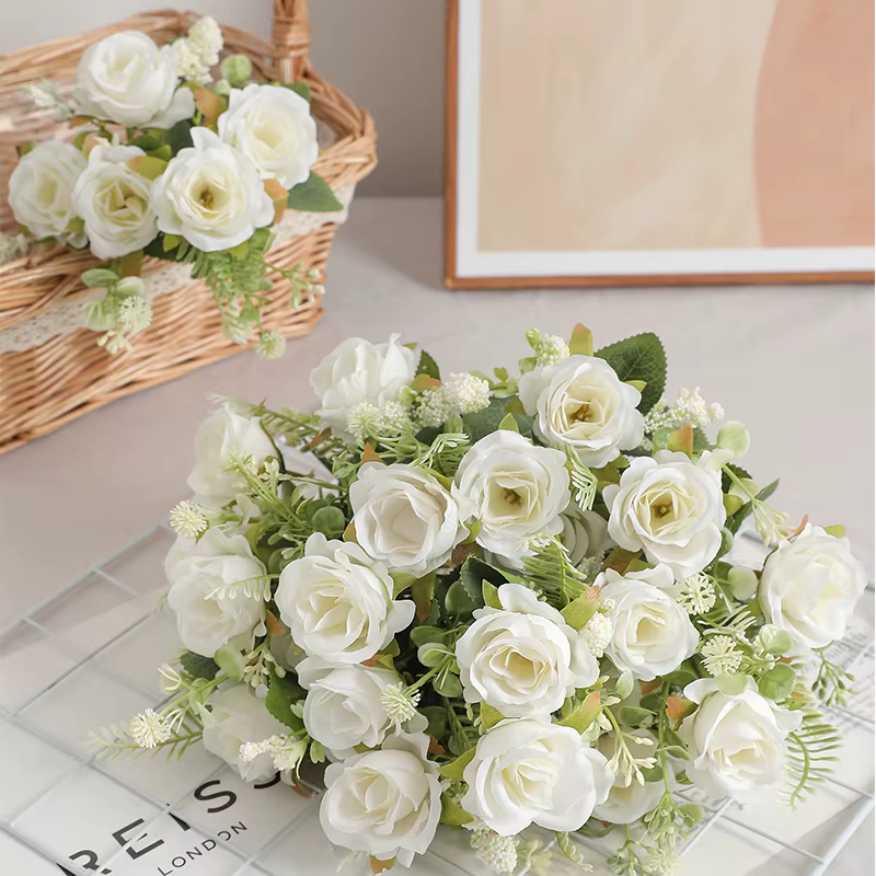 Bouquet de pivoines artificielles en soie blanche, 30cm, 5 grandes têtes, 4 petits bourgeons, décora