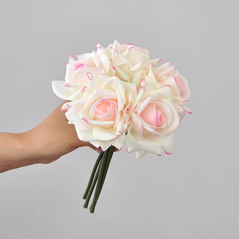 Bouquet de 5 roses bouclées avec sensation d'humidité artificielle, fleurs en soie haut de gamme pou