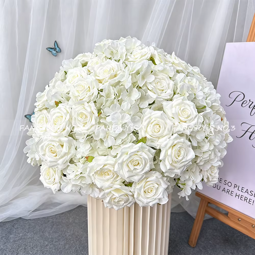 Boule de fleurs artificielles 70 cm (hortensia et rose) pour allée de mariage, décoration de table,